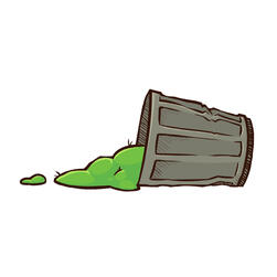 an icon of a tipped over garbage can with green trash spilling out.